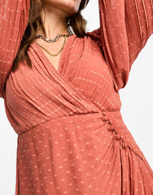 ASOS DESIGN pleated textured chiffon wrap button detail mini dress