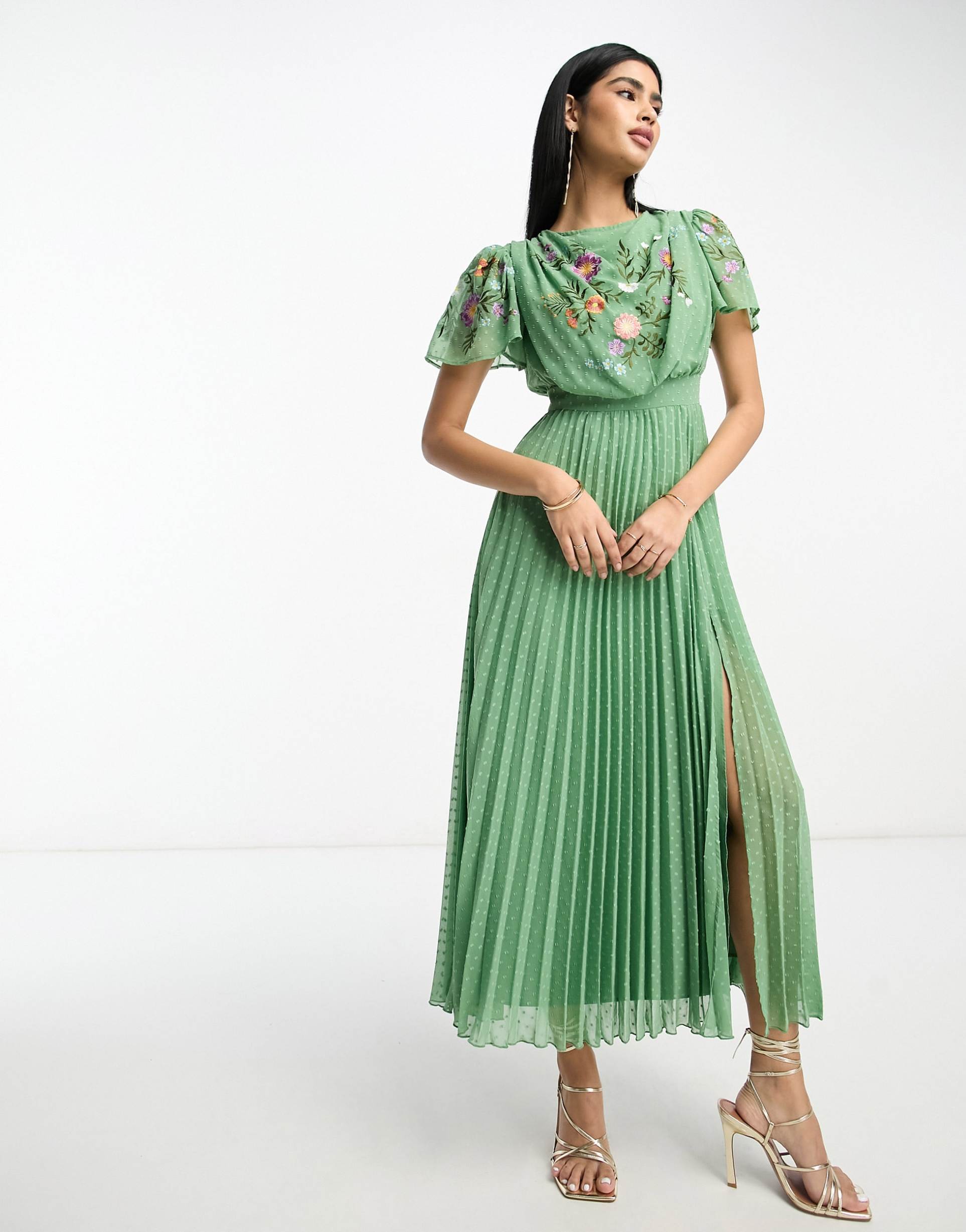 asos design pleated textured cowl front embroidered maxi dress in pale sage
