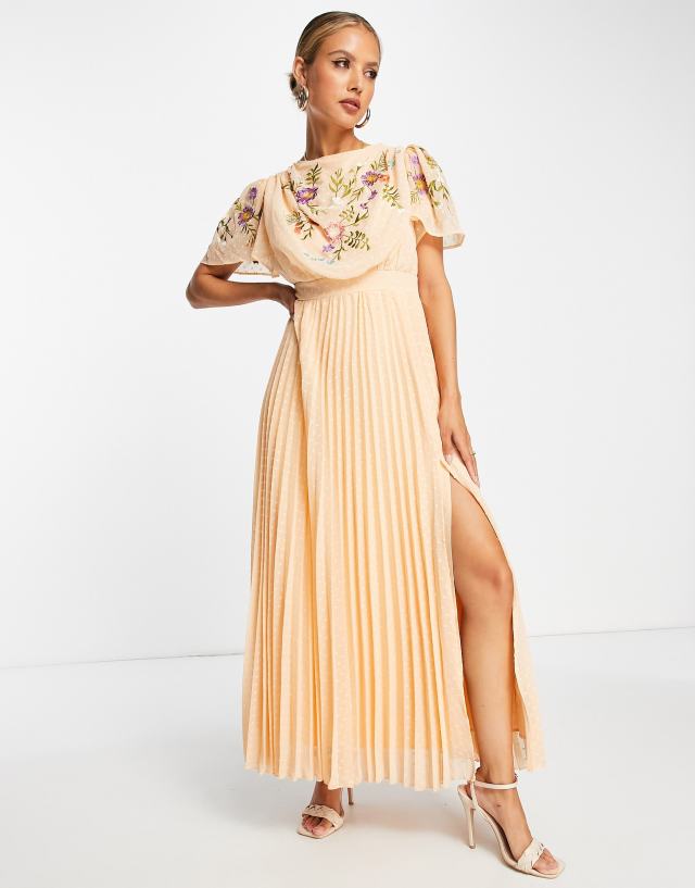 ASOS DESIGN pleated textured cowl front embroidered maxi dress with belt in coral