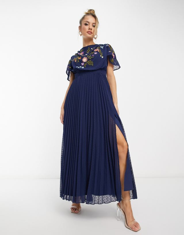 ASOS DESIGN pleated textured cowl front embroidered midi dress in navy