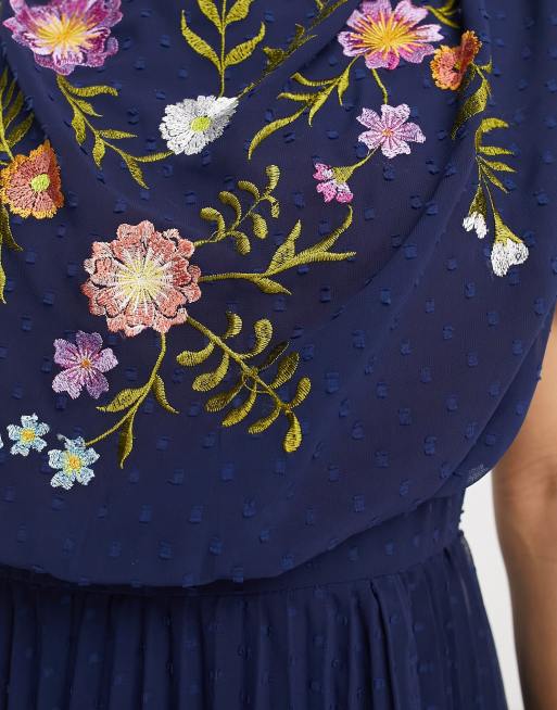 asos design pleated embroidered midi dress ASOS DESIGN pleated textured cowl front embroidered midi dress in navy