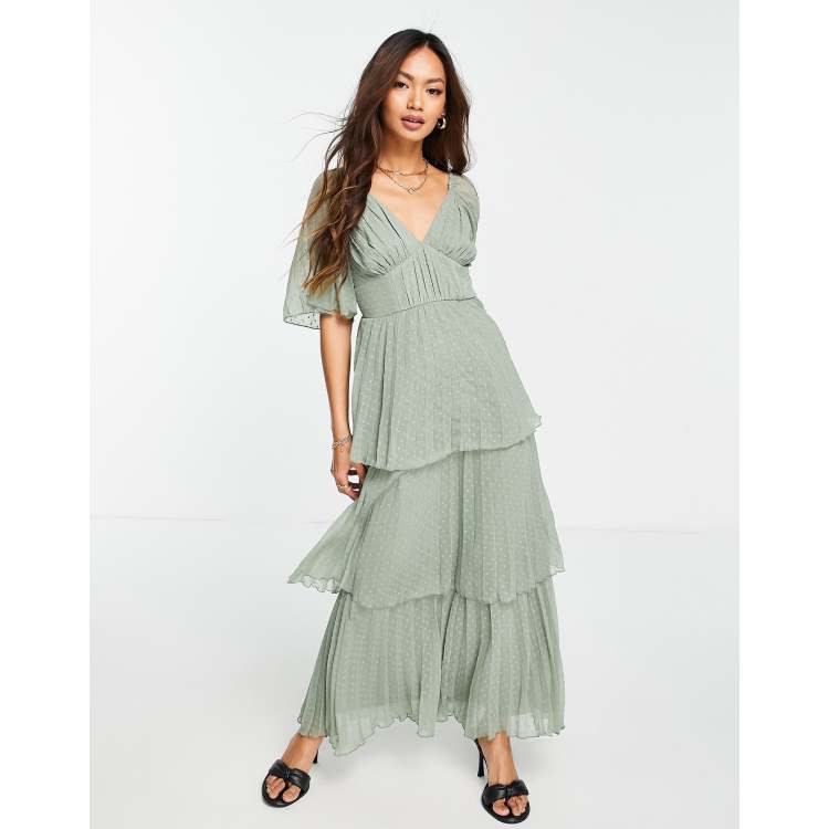 ASOS DESIGN pleated textured midi dress with tiered skirt in sage green |  ASOS