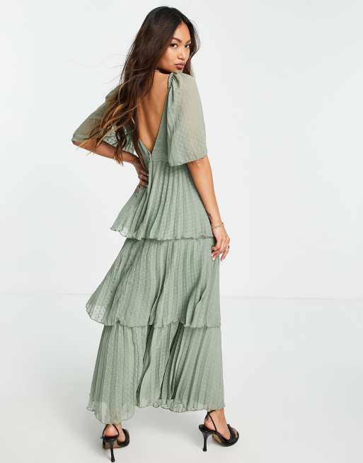 asos green pleated midi dress ASOS DESIGN Petite satin high neck pleated bodice midi dress in green