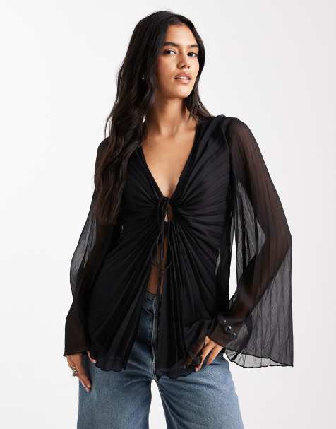 ASOS DESIGN pleated tie front blouse in black - view 1