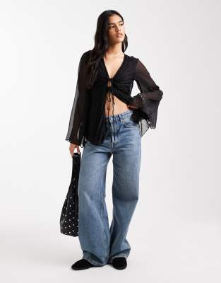 Asos Design Pleated Tie Front Blouse In Blue