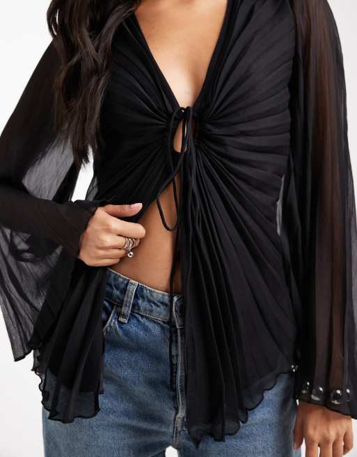 ASOS DESIGN pleated tie front blouse in black