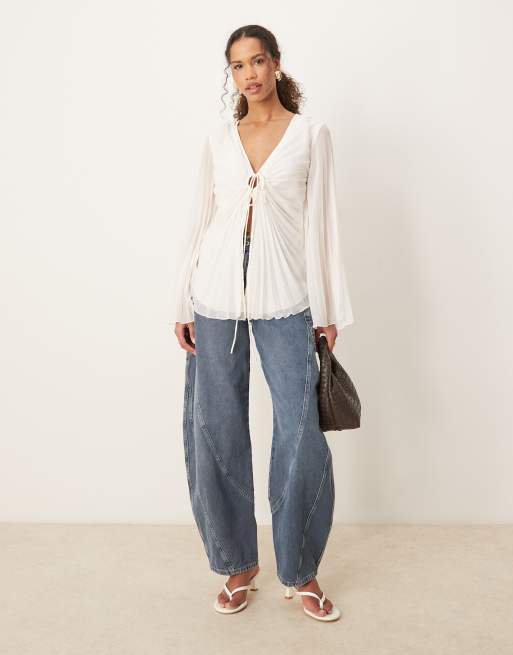 ASOS DESIGN pleated tie front blouse in cream, 2 of 4