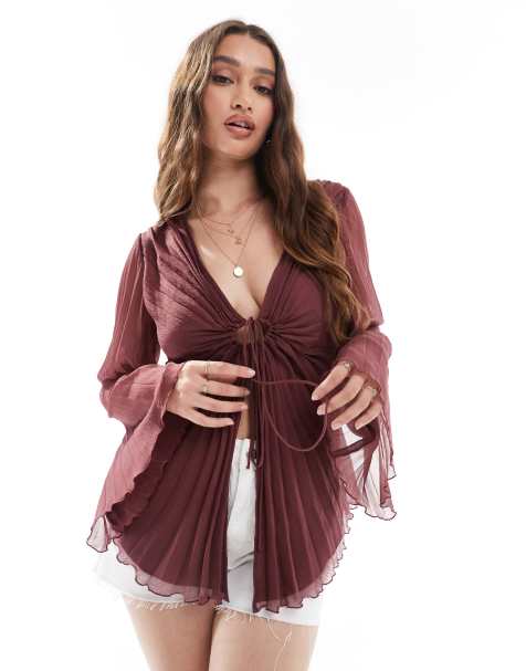 ASOS DESIGN pleated tie front blouse in dark red - view 1