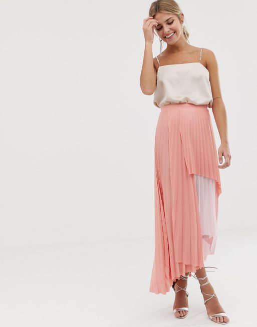 ASOS DESIGN pleated tiered maxi skirt in pink colour block | ASOS