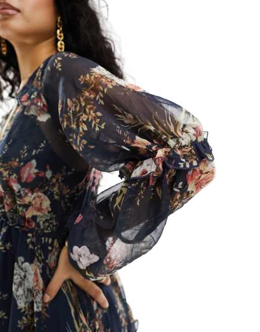 Lace Trimmed Floral Dress ネイビーM herlipto Lace Trimmed Floral Dress