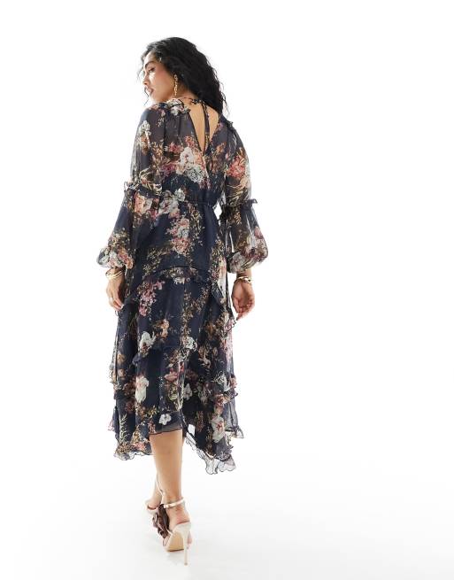 Lace Trimmed Floral Dress ネイビーM Lace Trimmed Floral Dress