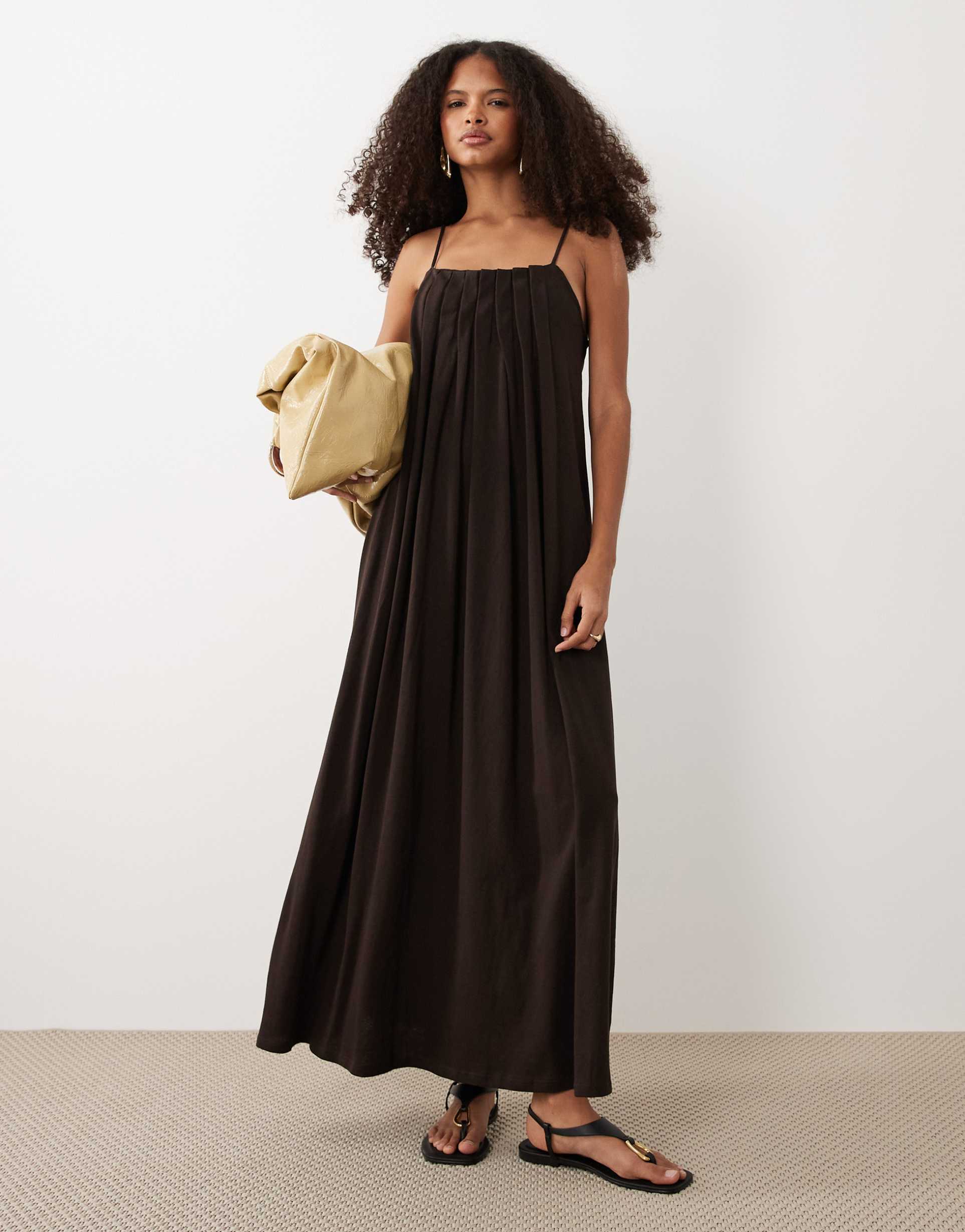 asos design pleated trapeze dress in dark chocolate