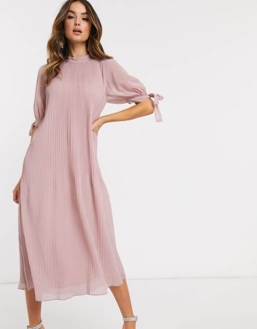 ASOS DESIGN pleated trapeze midi dress with tie sleeves in mink | ASOS