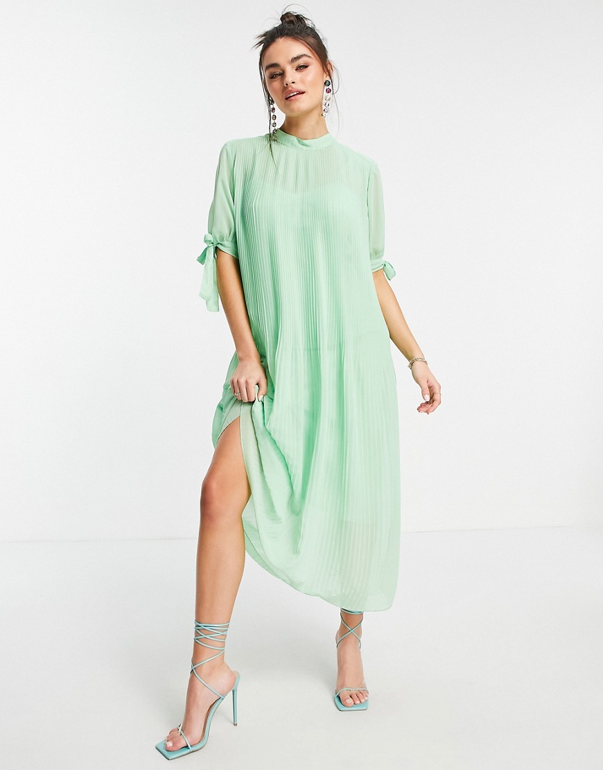 ASOS DESIGN pleated trapeze midi dress with tie sleeves in pistachio green