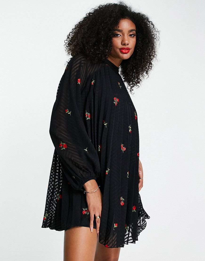 Asos Design Pleated Trapeze Mini Dress With All Over Embroidery In Black