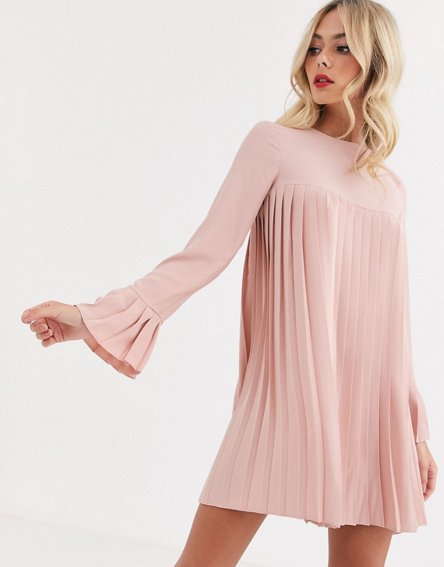 ASOS DESIGN pleated trapeze mini dress with long sleeves in blush-Pink