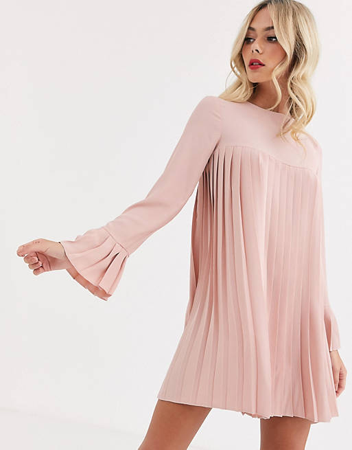 ASOS DESIGN pleated trapeze mini dress with long sleeves in pink