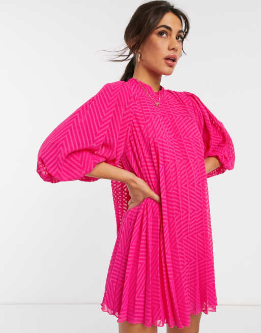 ASOS DESIGN pleated trapeze mini dress with puff sleeves in dobby in hot pink