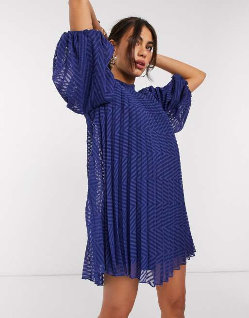 ASOS DESIGN pleated trapeze mini dress with puff sleeves in dobby in navy