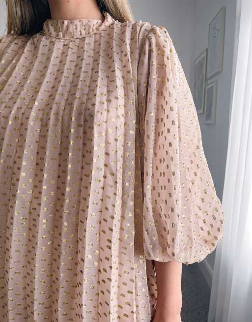 asos design pleated trapeze mini dress ASOS DESIGN pleated trapeze mini dress with puff sleeves in pink metallic  texture