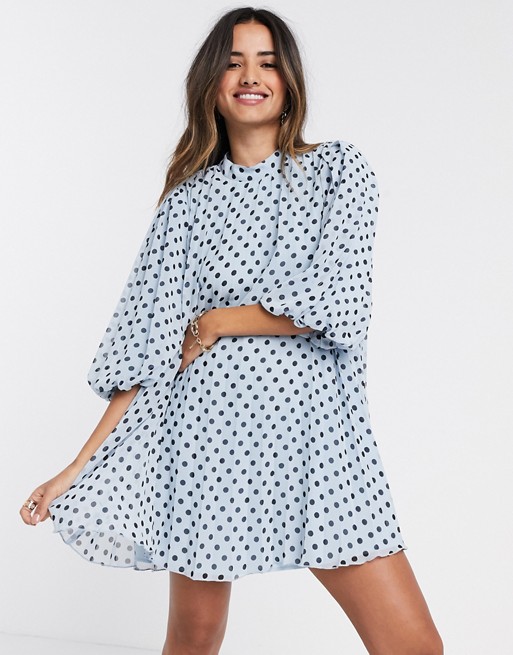 ASOS DESIGN pleated mini smock dress with puff sleeves in polka dot