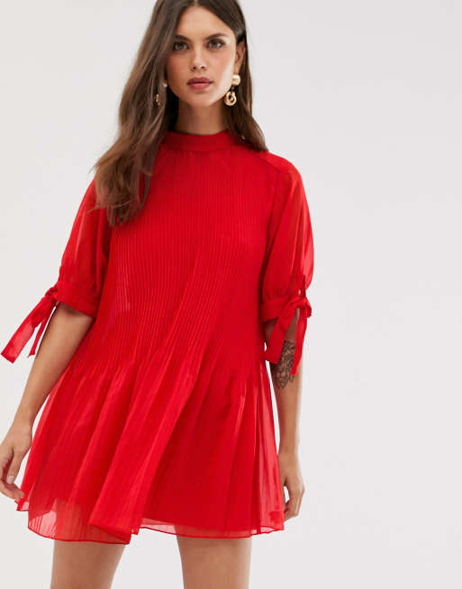 ASOS DESIGN pleated trapeze mini dress with tie sleeves | ASOS