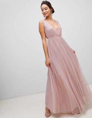 ASOS DESIGN Pleated Tulle Maxi Dress with Applique Lace Trim-Pink