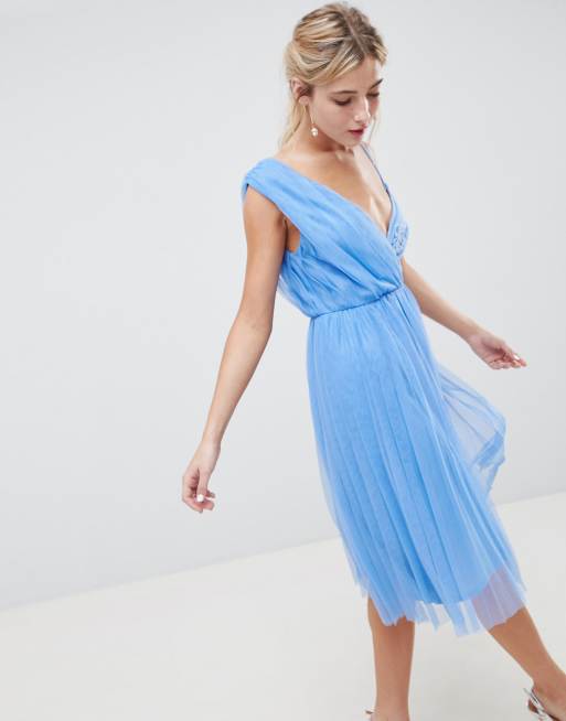 ASOS DESIGN Pleated Tulle Midi Prom Dress With Lace Bodice