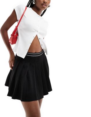 Asos Design Pleated Twill Mini Skirt With Elastic Waist Detail In Black