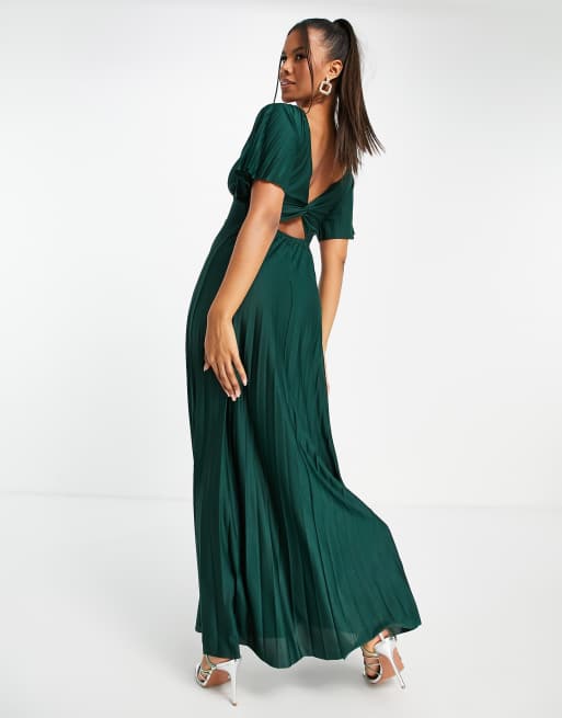 ASOS DESIGN washed twist side waist maxi dress with cut out back in forest  green