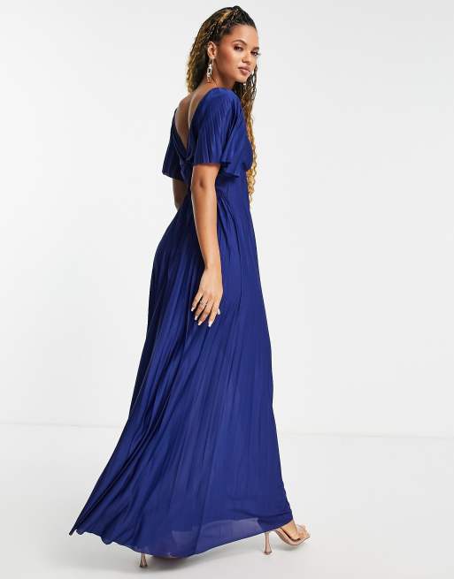 ASOS DESIGN pleated twist back cap sleeve maxi dress in navy ASOS