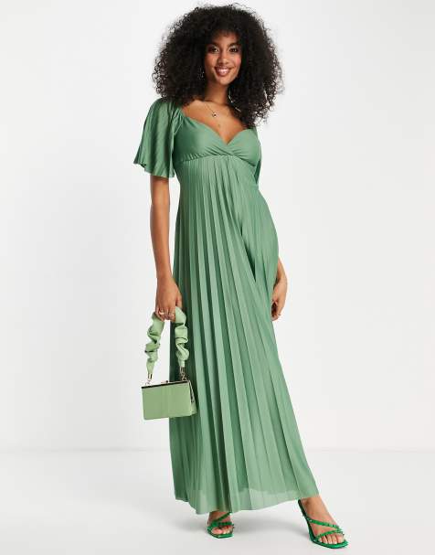 ASOS DESIGN pleated twist back cap sleeve maxi dress in winter sage