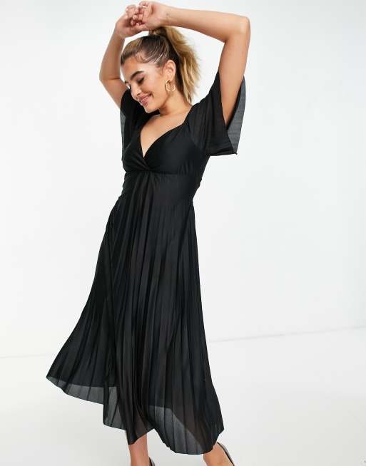 ASOS DESIGN pleated twist back cap sleeve midi dress in black ASOS