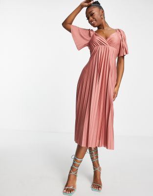 pleated cap sleeve satin midi gown