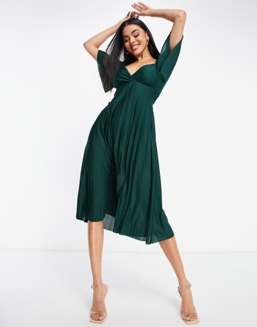 ASOS DESIGN pleated twist back cap sleeve midi dress in forest green