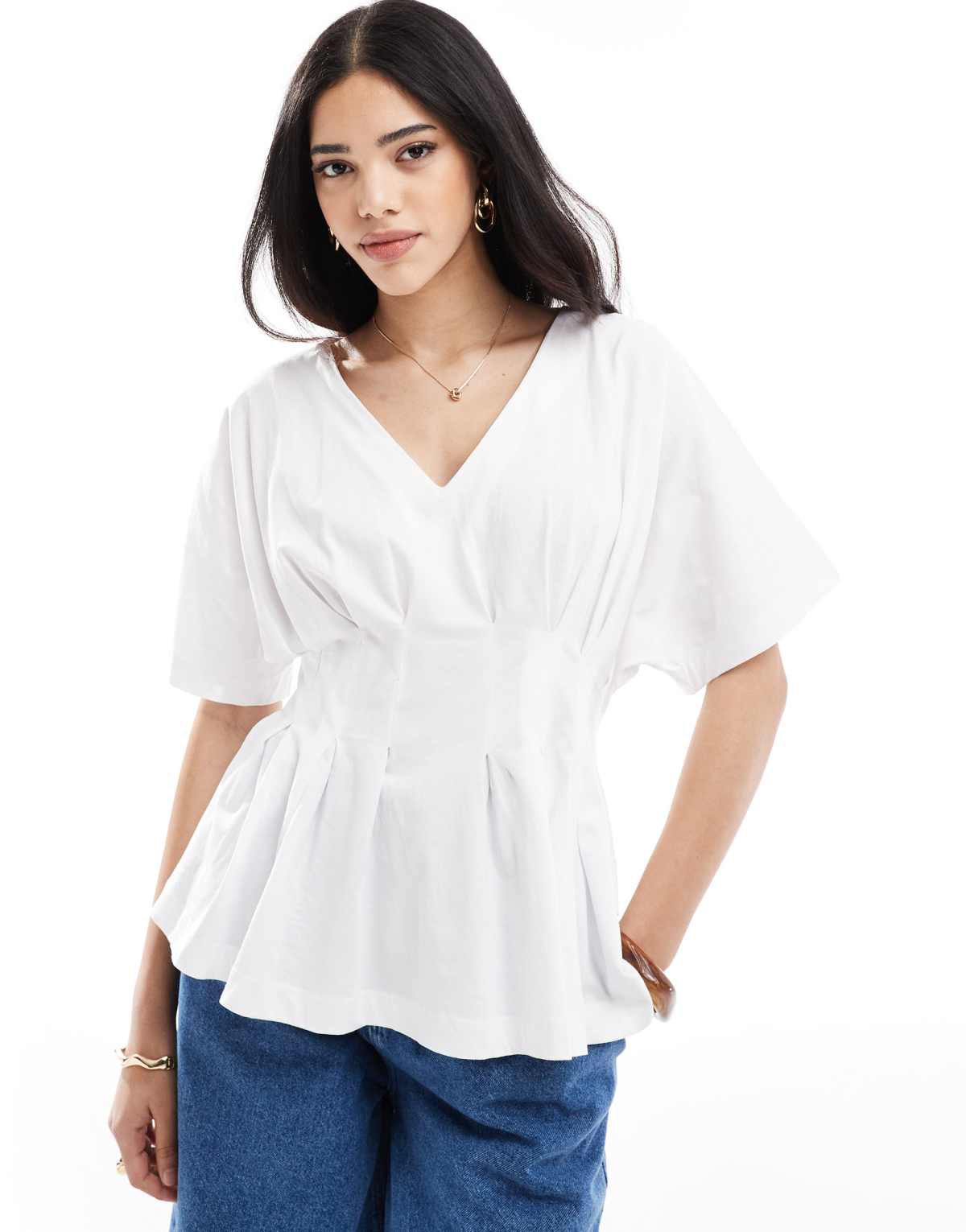 ASOS DESIGN pleated v-neck blouse in white