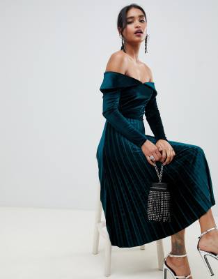 bardot pleated midi dress