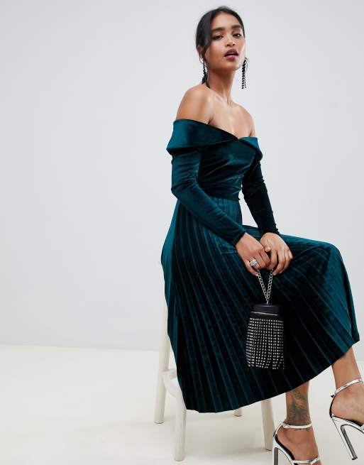 ASOS DESIGN pleated velvet bardot midi dress