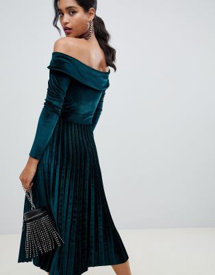 asos design pleated velvet bardot midi dress