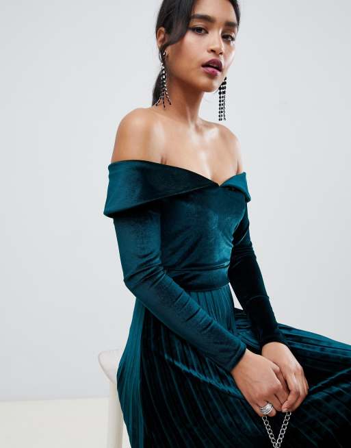 Pleated velvet 2025 bardot midi dress