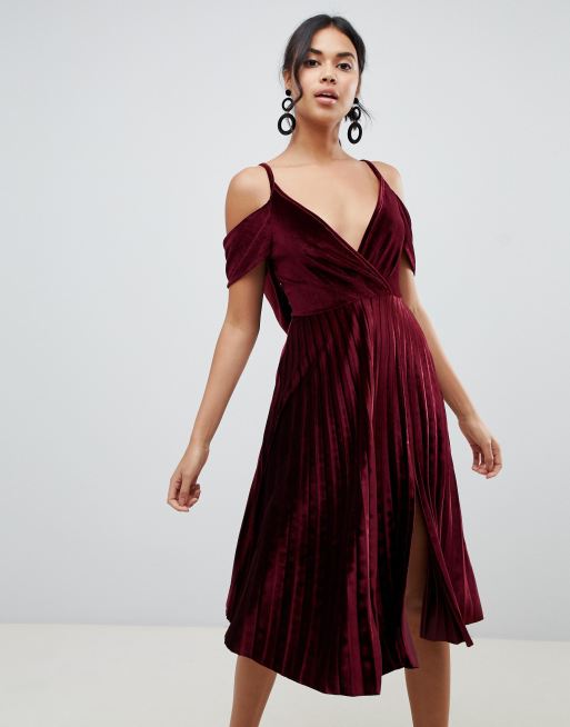  ASOS  DESIGN pleated velvet cami midi dress  with cowl back 