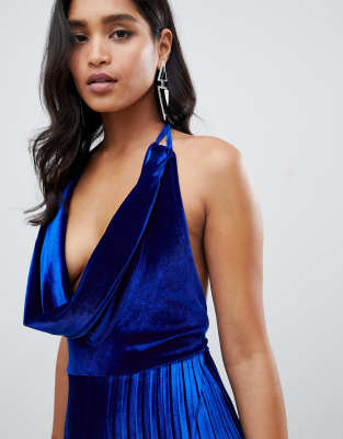 pale blue velvet cowl neck maxi dress