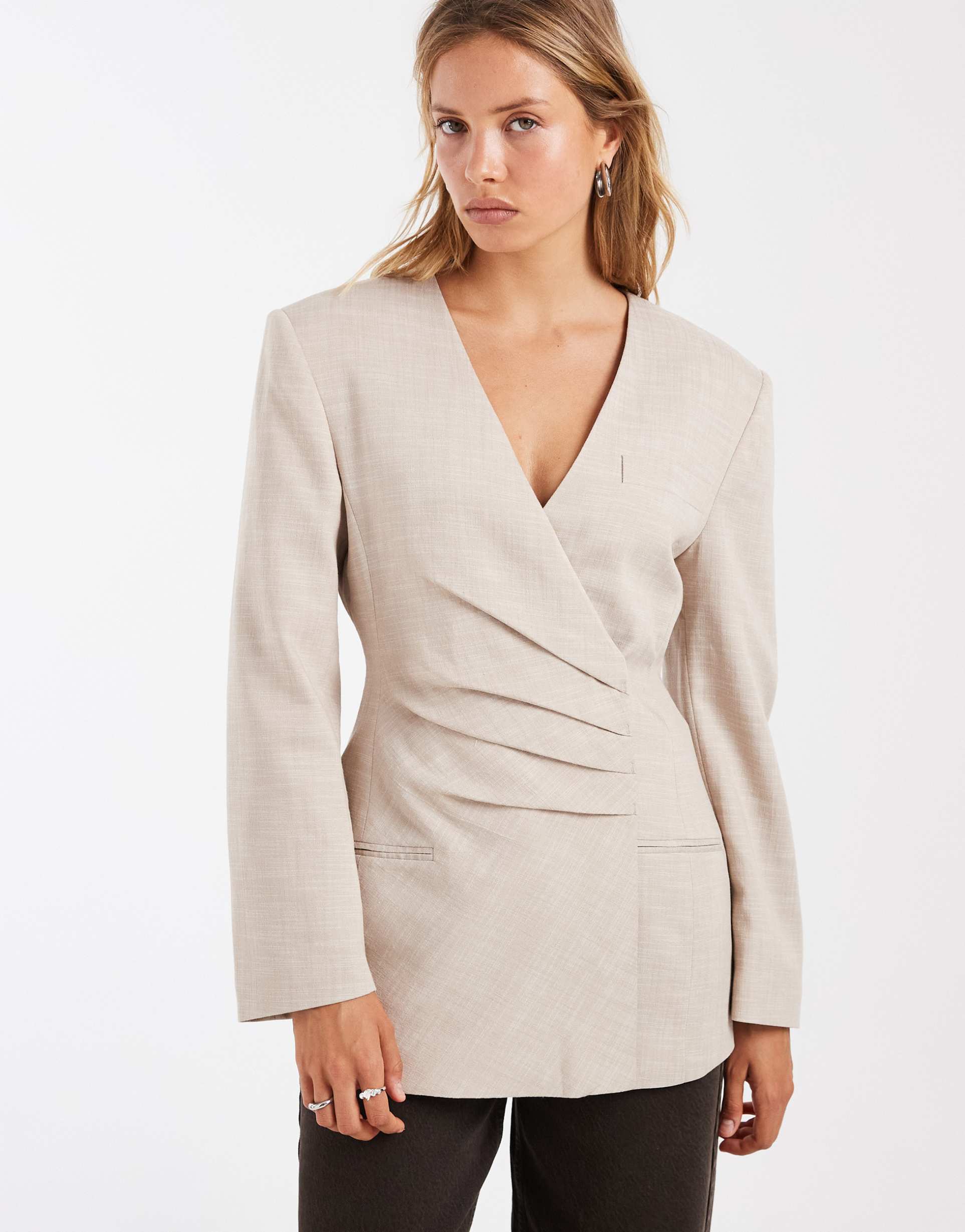 asos design pleated waist blazer in stone