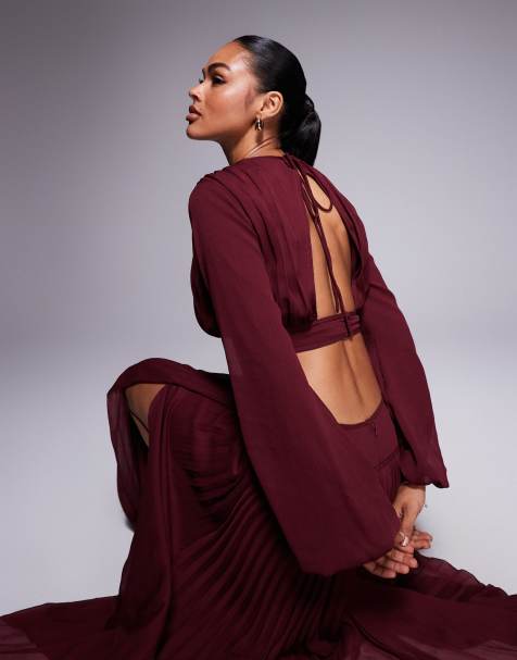 ASOS DESIGN pleated waist detail co-ord long sleeve top in dark cherry - view 1