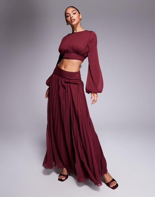 ASOS DESIGN pleated waist detail co-ord long sleeve top in dark cherry, 3 of 4