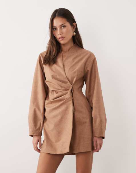 ASOS DESIGN pleated waist detail structured blazer dress in beige - view 1