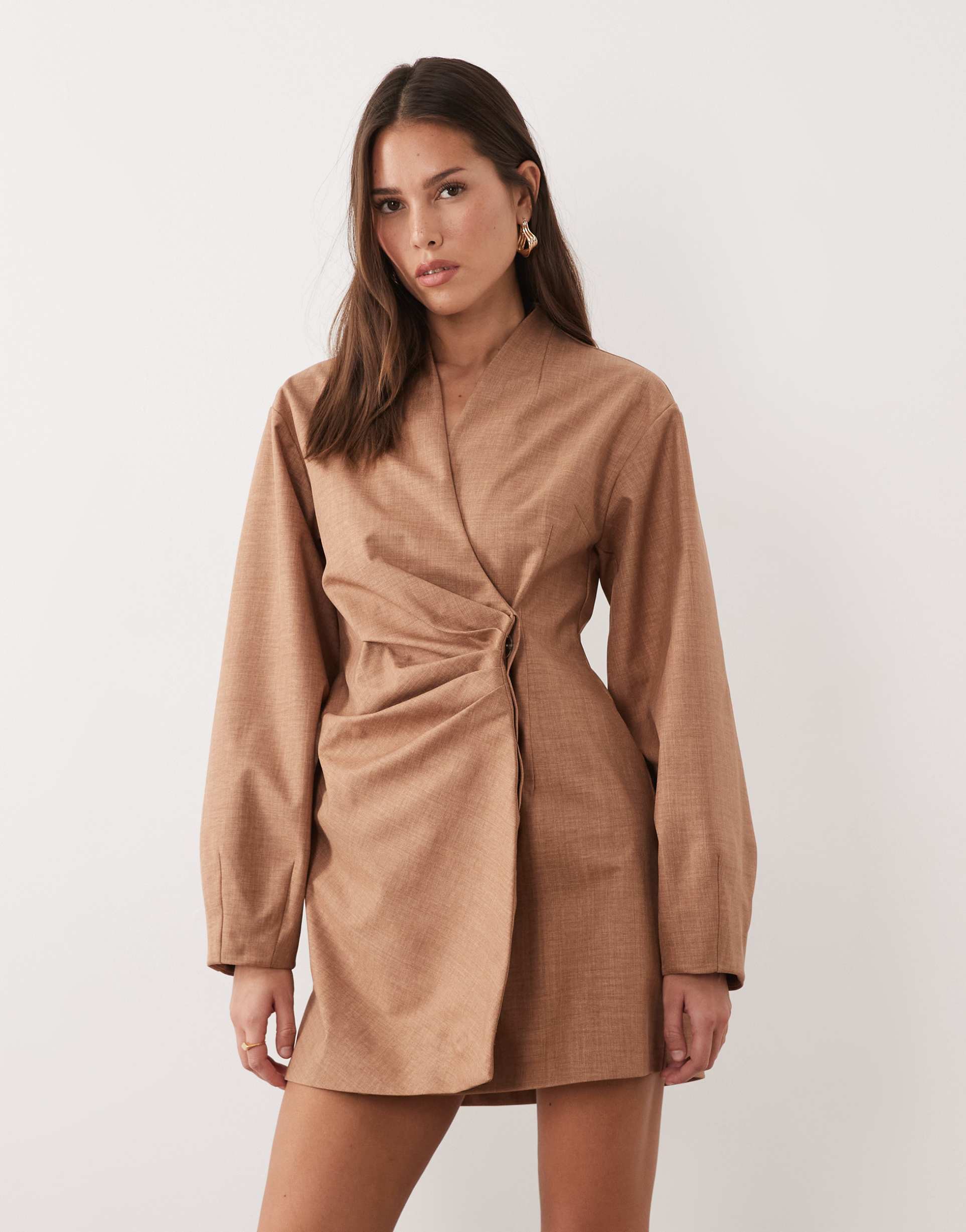 asos design pleated waist detail structured blazer dress in beige