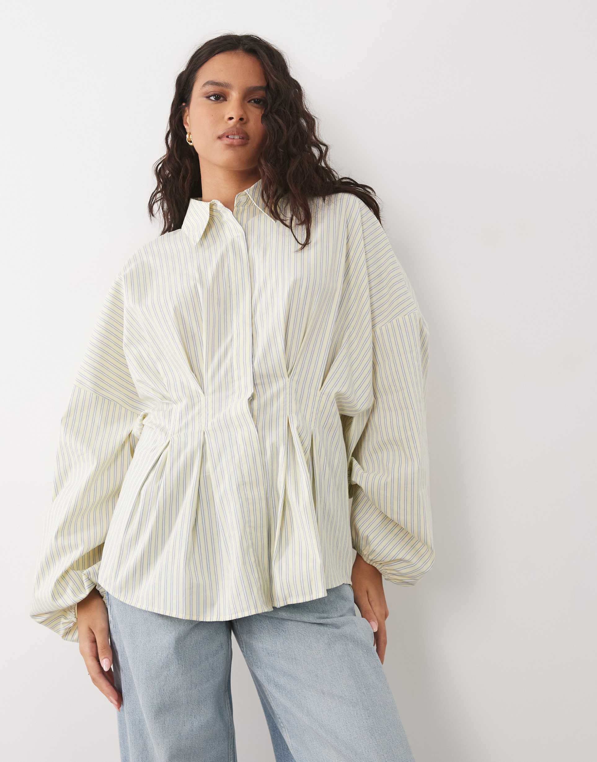 asos design pleated waist shirt in buttermilk striped print