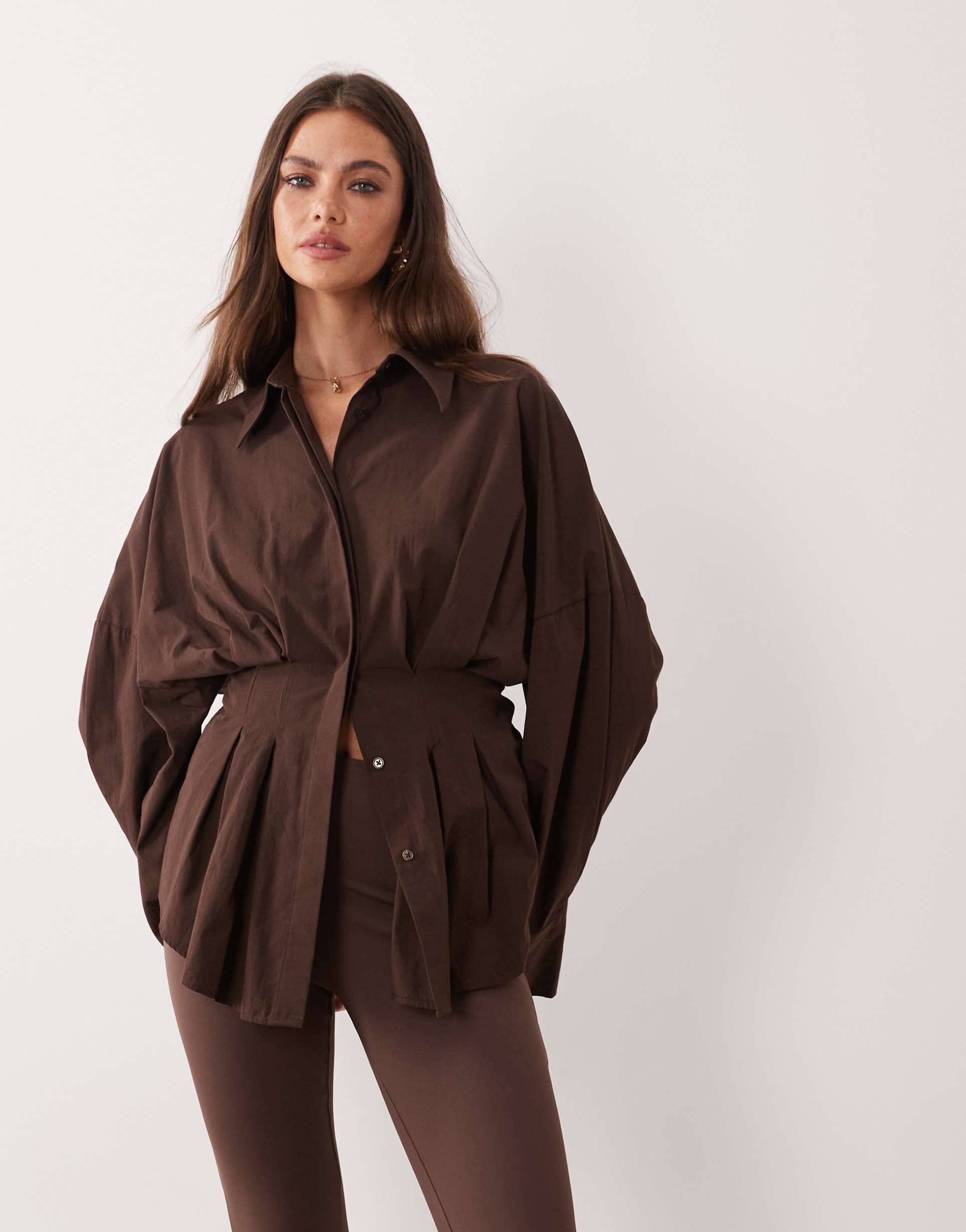 asos design pleated waist shirt in chocolate