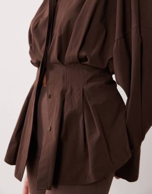 ASOS DESIGN pleated waist shirt in chocolate, 3 of 4
